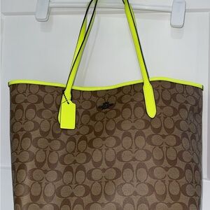Coach Brown Tote with Neon Yellow Accents